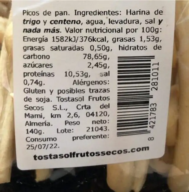 Tostasol nutrition facts table