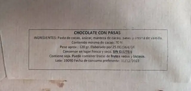 Unknown nutrition facts table