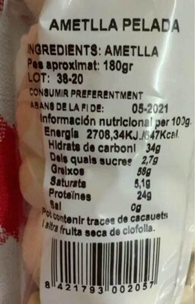 Ametlla pelada nutrition facts table
