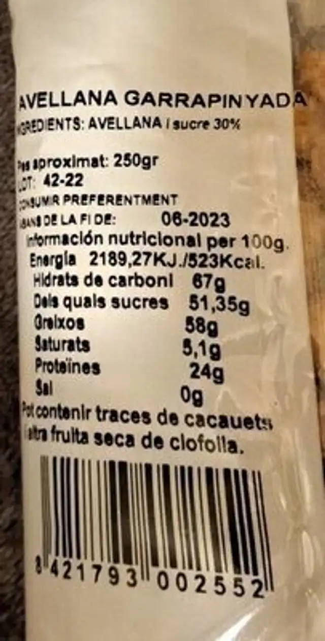 Avellana garrapinyada nutrition facts table