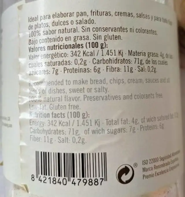 Harina De Castaña Ta. 530 Gr-marron Glace nutrition facts table
