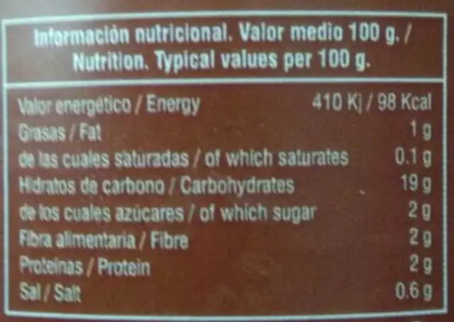 Puré de castanhas nutrition facts table
