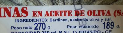 Sardinas en aceite de oliva ingredients label
