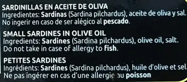 Sardinillas en aceite de oliva ingredients label