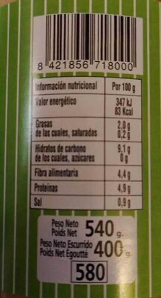Garbanzos primera nutrition facts table