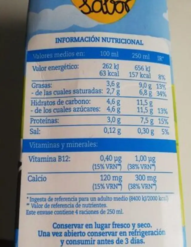 Leche Uht Entera Tierra De Sabor Caja 6 Litros nutrition facts table