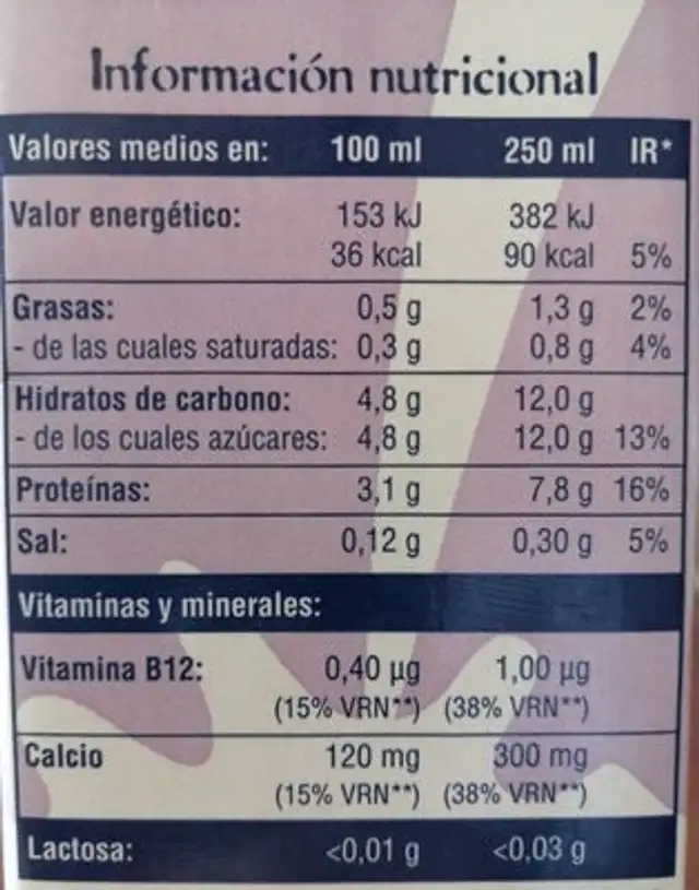 Leche desnatada sin lactosa nutrition facts table