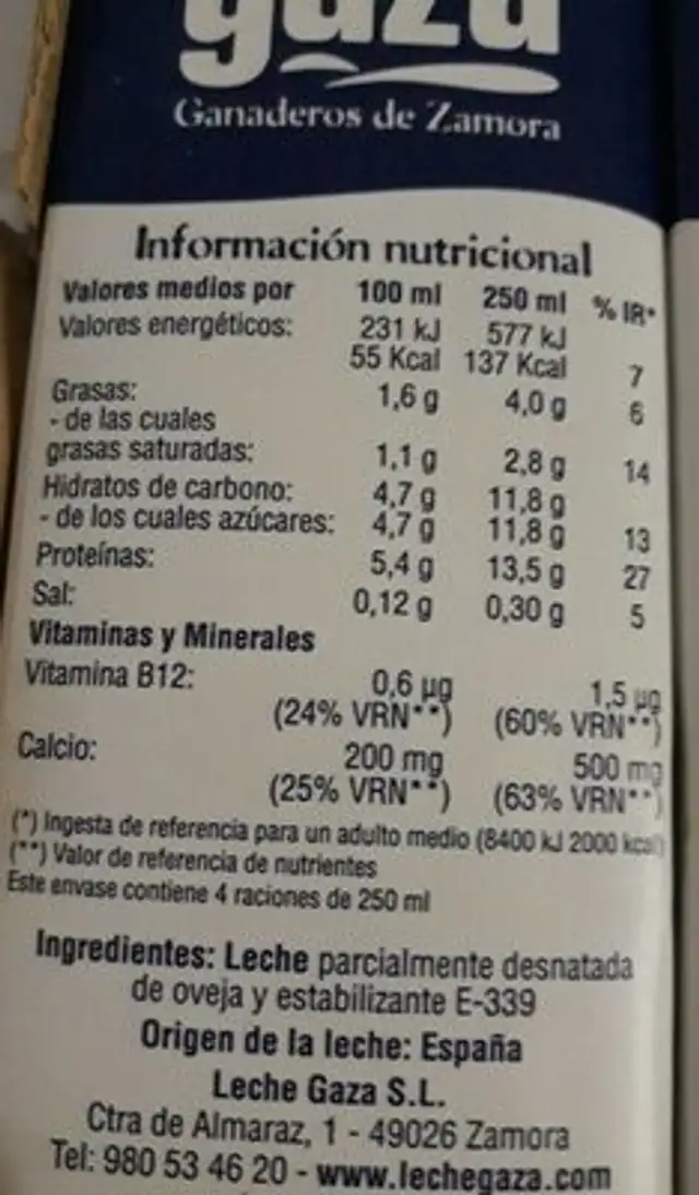 Leche de oveja nutrition facts table
