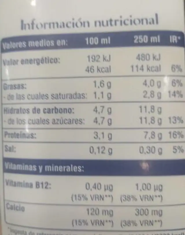 Leche semi nutrition facts table