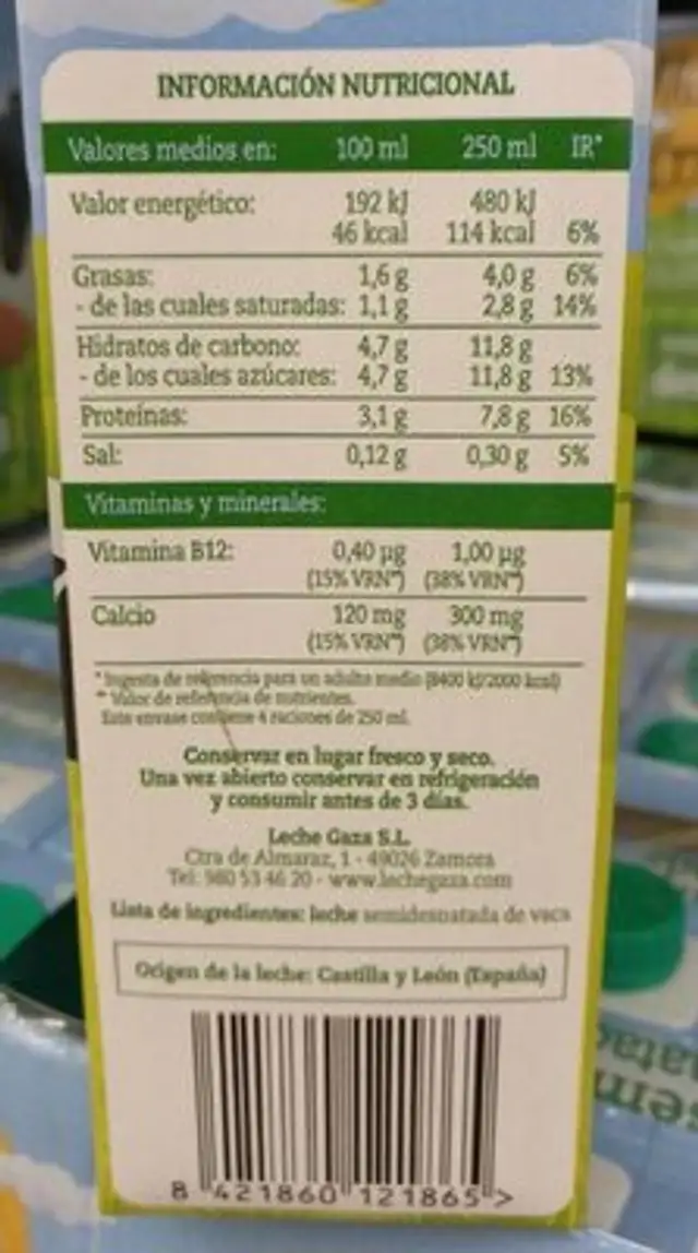 Leche De Vaca Semidesnatada nutrition facts table