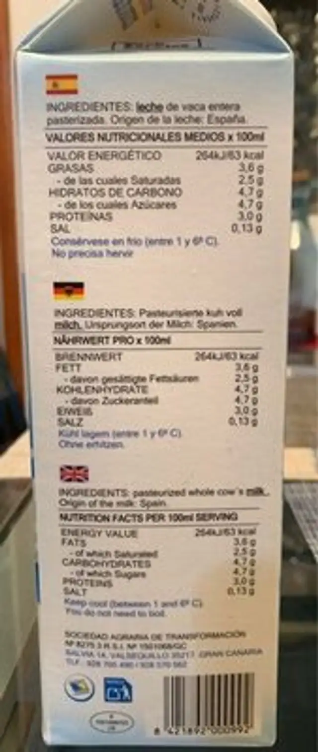 Leche fresca nutrition facts table