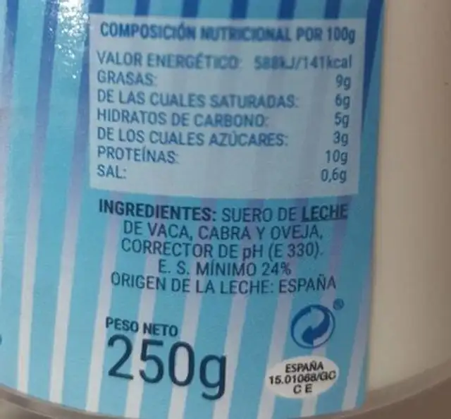 Requeson nutrition facts table