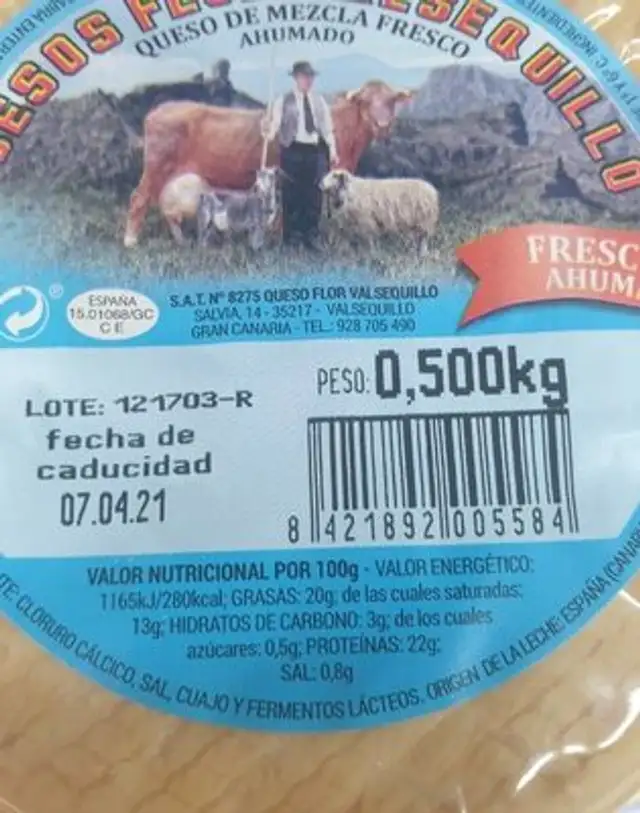 Queso Fresco Ahumado Valsequillo nutrition facts table