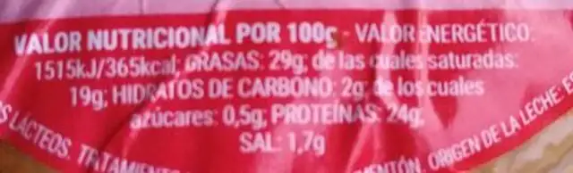 Queso Flor Valsequillo nutrition facts table