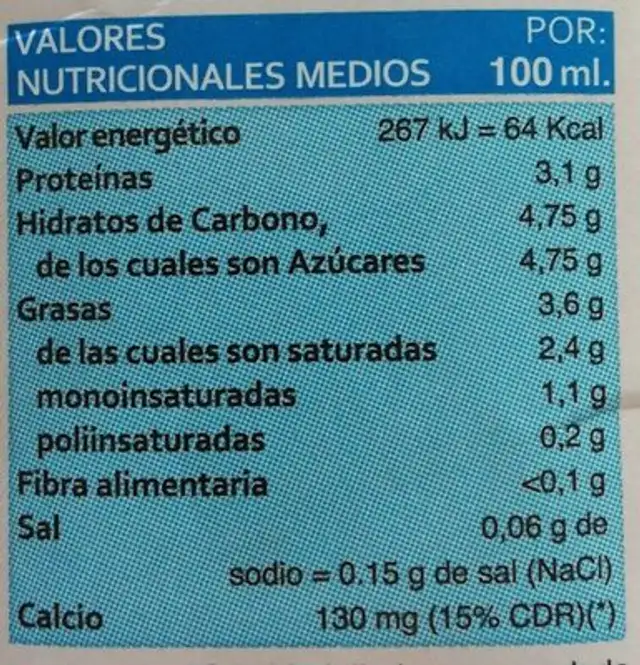Leche Entera nutrition facts table