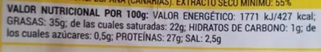 Queso Flor Valsequillo curado nutrition facts table