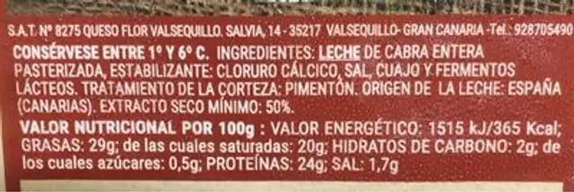 Queso semicurado de Cabra Canario con pimetón nutrition facts table