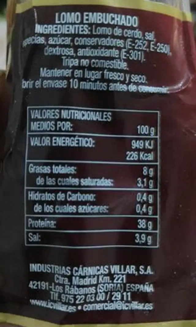 Lomo embuchado villar nutrition facts table