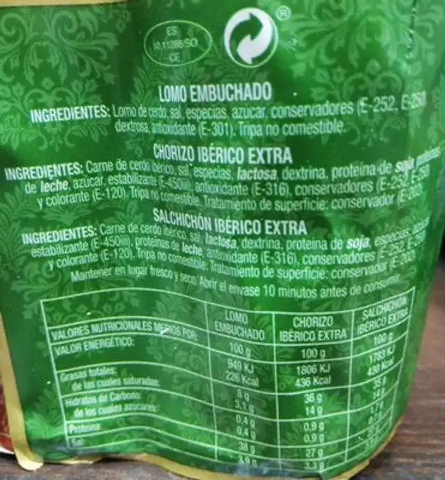 Surtido especial nutrition facts table