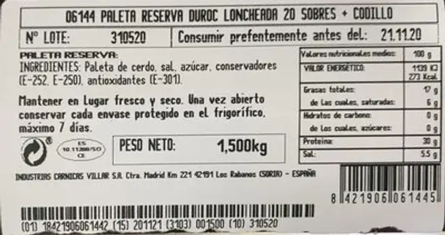 Paleta reserva duroc loncheada nutrition facts table