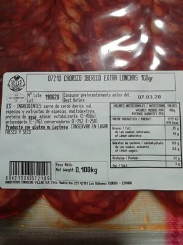 Loncheados nutrition facts table