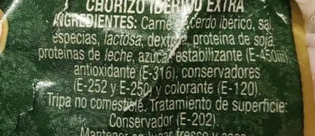 Chorizo iberico extra ingredients label
