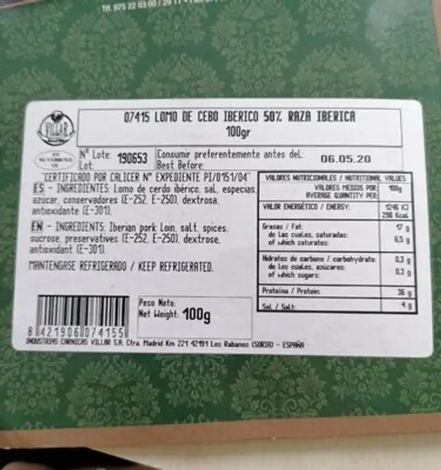 Unknown nutrition facts table