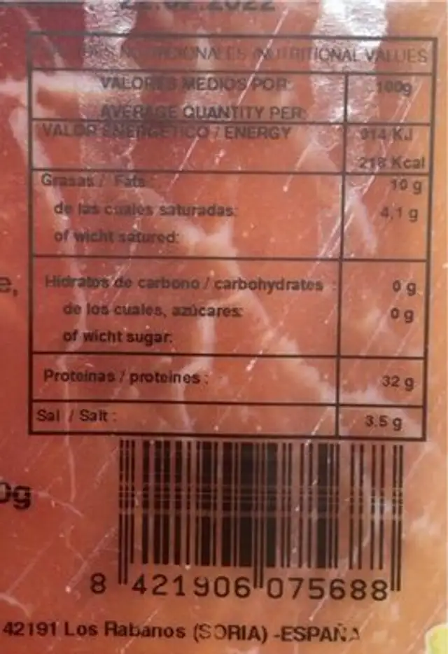 Jamon Bodega Villar nutrition facts table