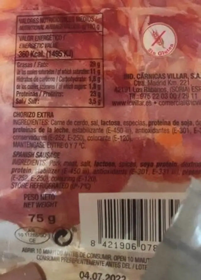 Chorizo rojo nutrition facts table