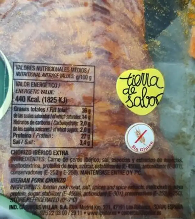 Chorizo Villar nutrition facts table