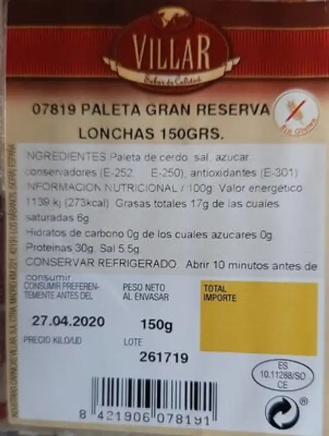 Paleta gran reserva nutrition facts table