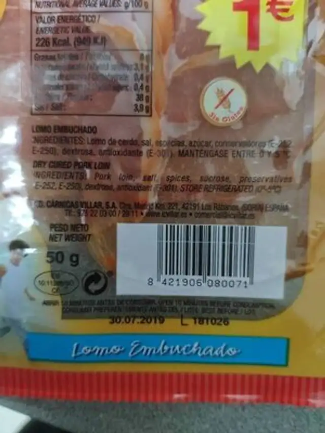 Lomo embuchado villar ingredients label