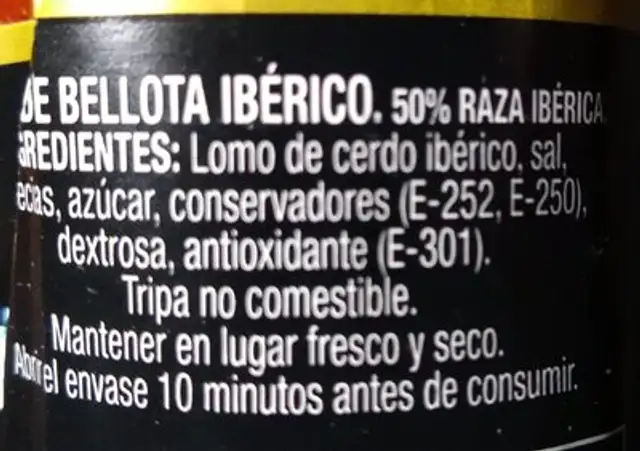 Lomo de Bellota Ibérico nutrition facts table