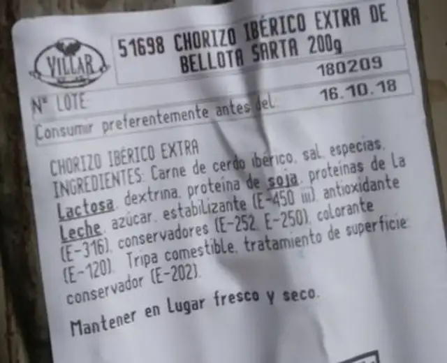 Chorizo ibérico extra de bellota ingredients label