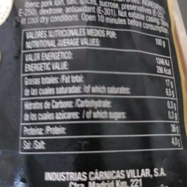 Lomo de Cebo Ibérico nutrition facts table
