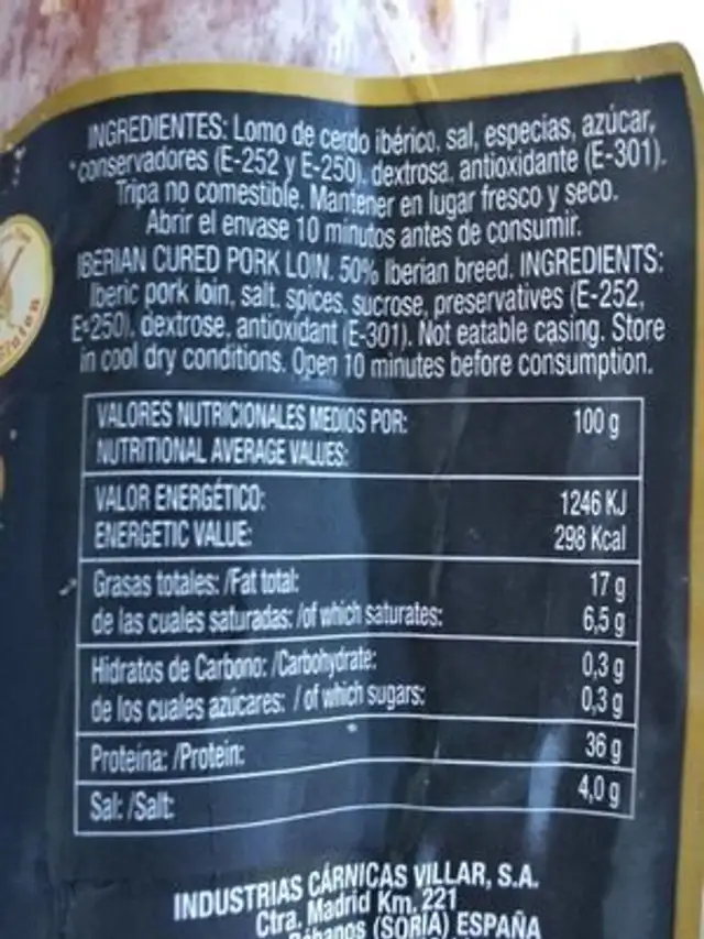 Lomo de cebo ibérico nutrition facts table
