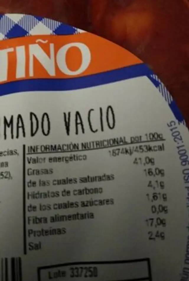 Chorizo ahumado vacío nutrition facts table