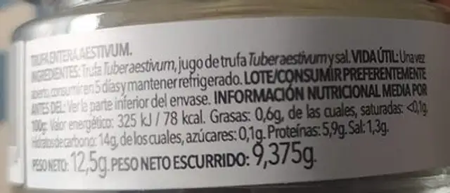 Trufa entera nutrition facts table