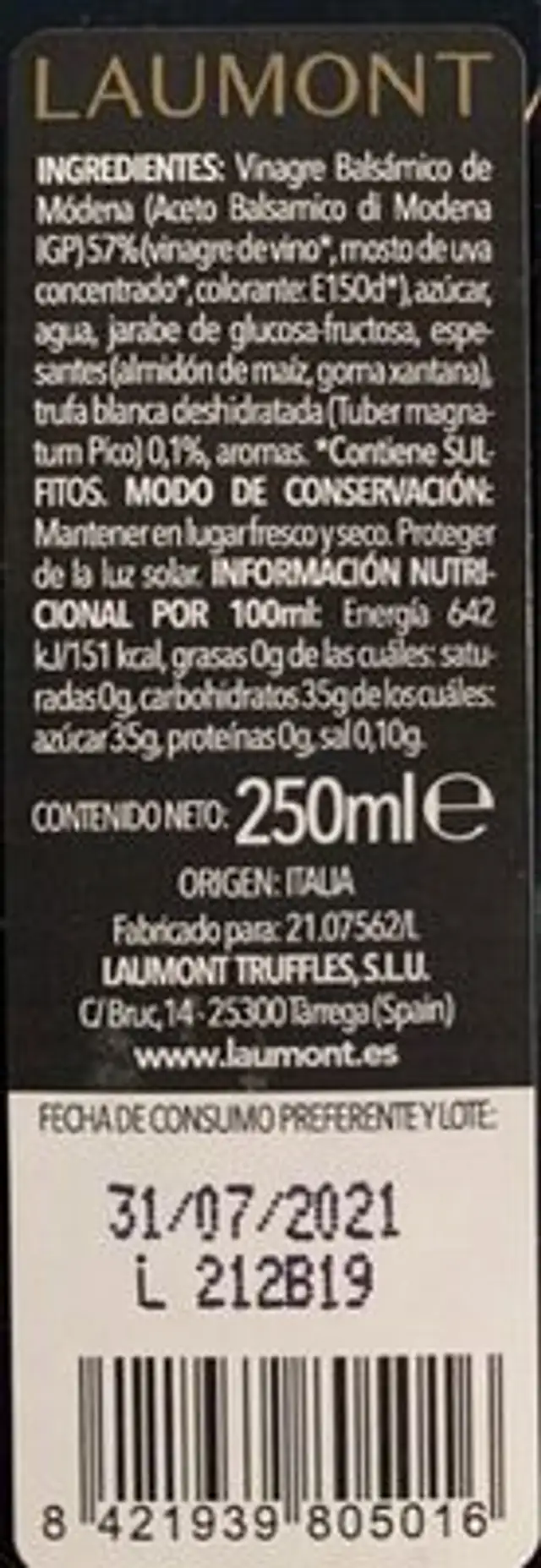 Condimento con vinagre balsámico de módena - aroma trufa blanca nutrition facts table