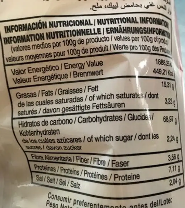 Patatas fritas Bandera nutrition facts table