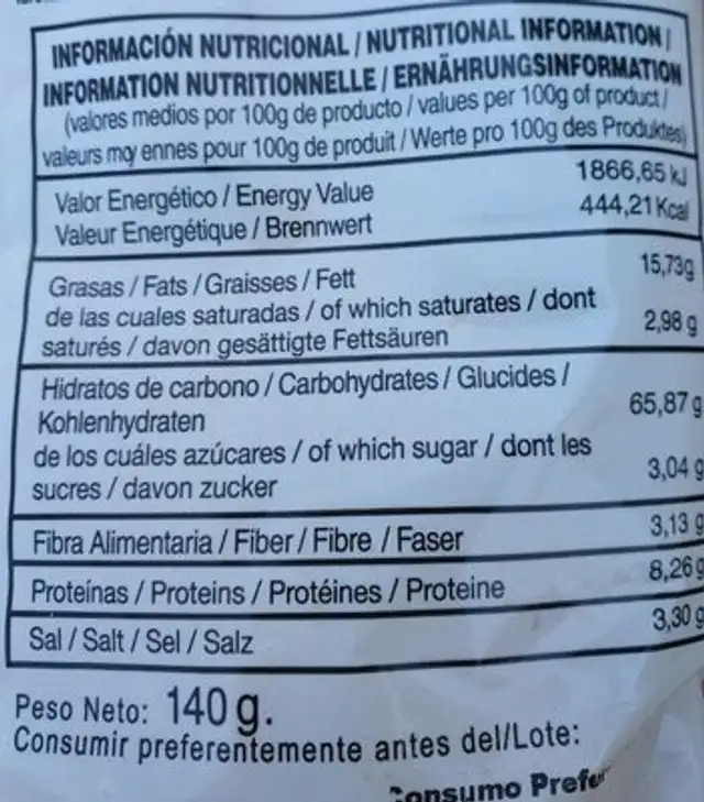 Patatas fritas sabor ajillo nutrition facts table