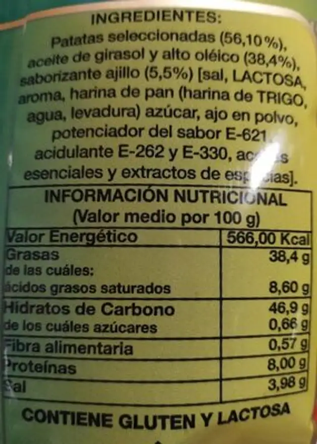 Patatas Bandera Sabor Ajillo nutrition facts table