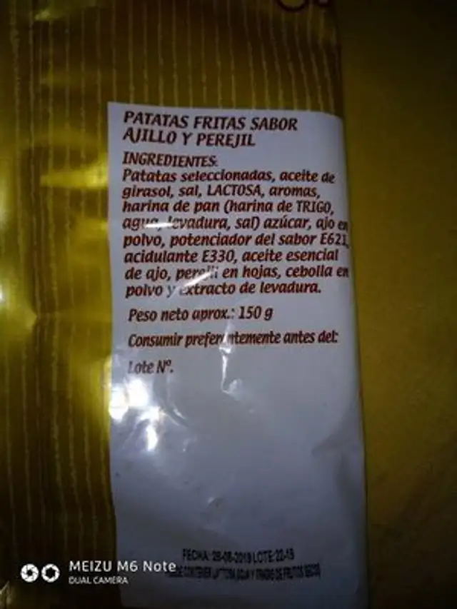 Patatas Fritas ingredients label