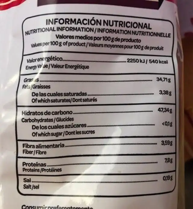 Patatas fritas onduladas nutrition facts table