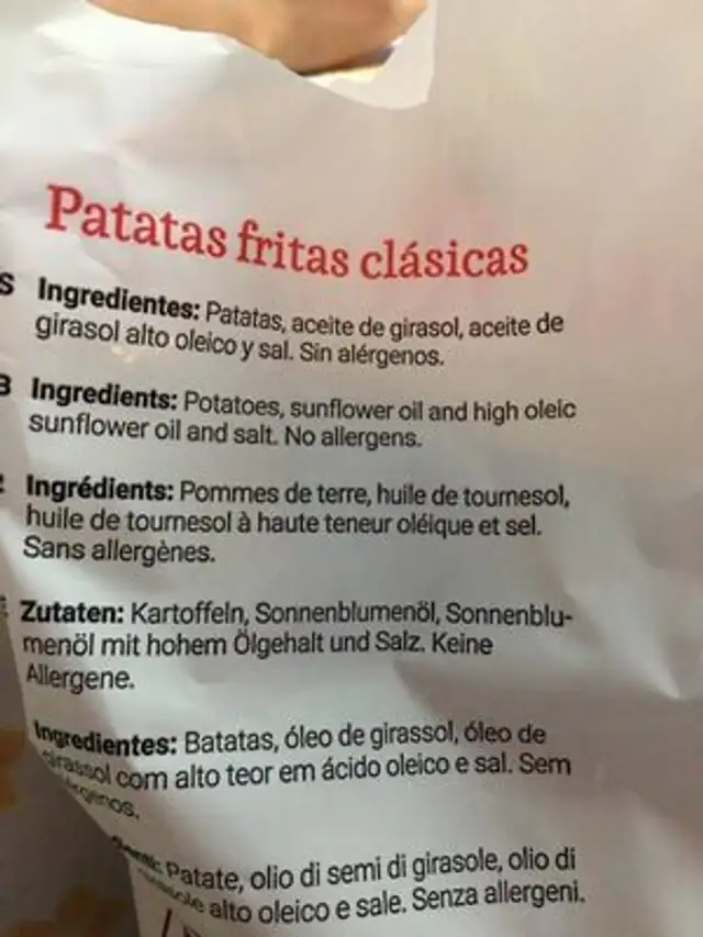 Patatas Fritas ingredients label