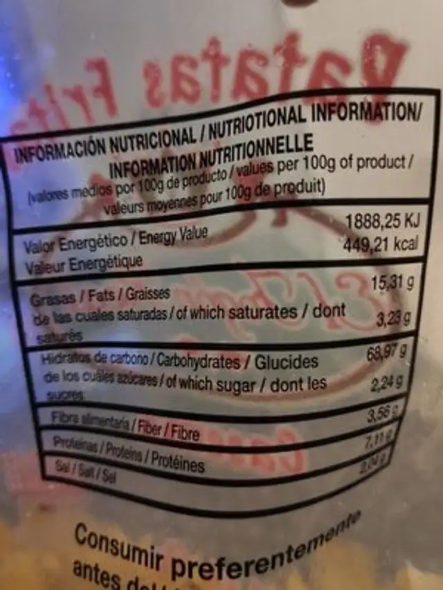 Patatas fritas nutrition facts table