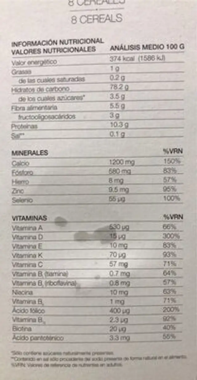 Cereal 8cereales nutrition facts table