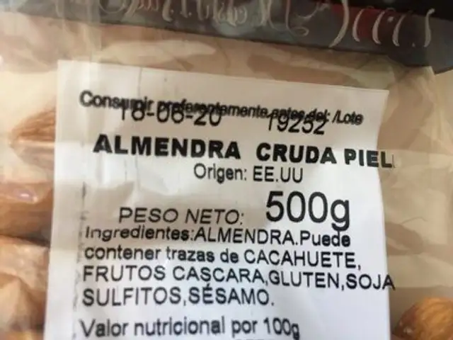 Almendra ingredients label