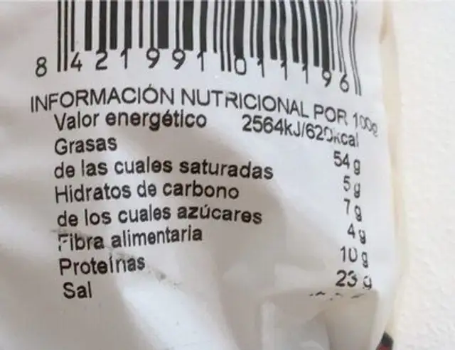 Frutos secos nutrition facts table