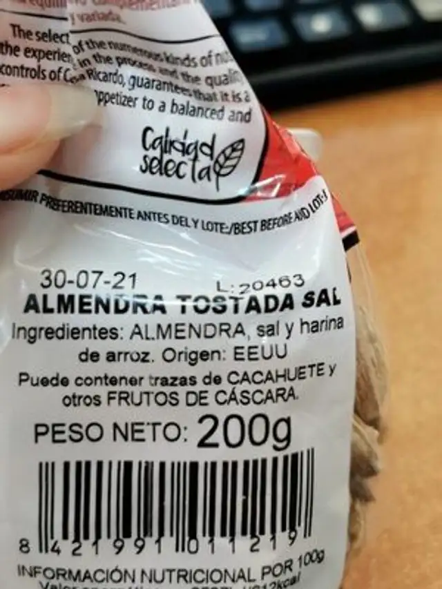 ALMENDRA TOSTADA SAL ingredients label